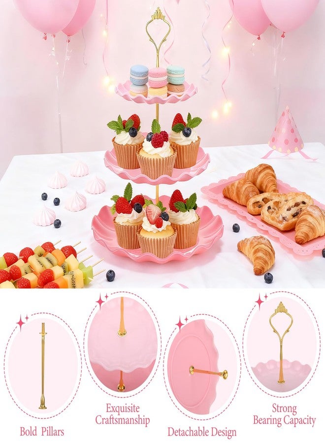 FoldTier 6 Pack Cupcake Stand Set 3 Round 3 Tier Pink Gradient Dessert Table Display Stands Cookie Tray Rack 3 X14 in Rectangle Party Trays for Wedding Birthday Tea Party Baby Shower - Image 3