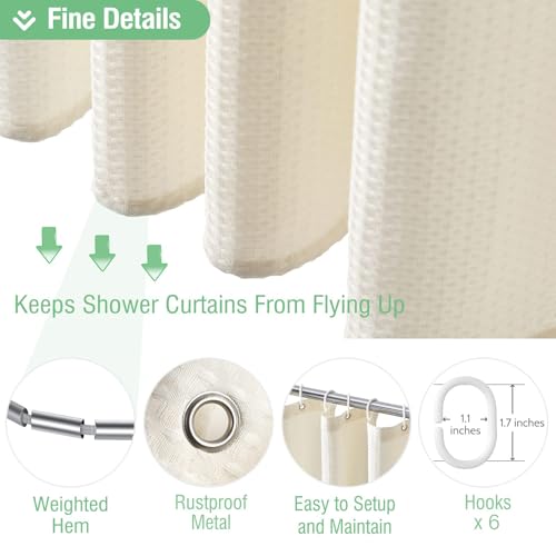 Dynamene Stall Ivory Fabric Shower Curtain - Waffle Textured Small Heavy Duty Cloth Shower Curtains for Bathroom, 256GSM Narrow Hotel Luxury Bath Curtain Set with 6 Plastic Hooks(36Wx72H,Cream/Ivory) - Image 5