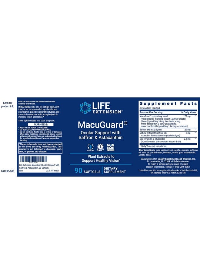 Life Extension مكمل دعم العين ماكوجارد 90 كبسولة لينة مع الزعفران والأستازانتين واللوتين والميزو زياكسانثين لصحة الرؤية الماكرولية الكاملة - Image 3