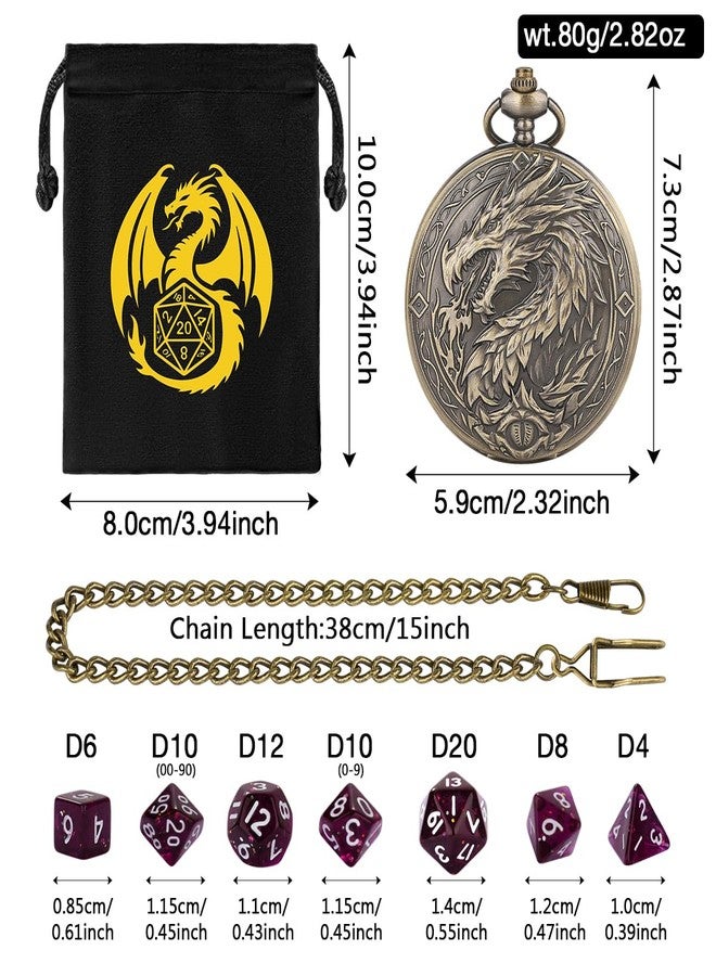 Keller & Weber Mini DND Dice Set with Steampunk Dragon Large Pocket Watch Shell Case, 7-Piece Polyhedral Acrylic D&D Dice, DND Gift Bag with Dragon Logo, Role Play Board Game Accessories, Bronze + Purple - Image 4