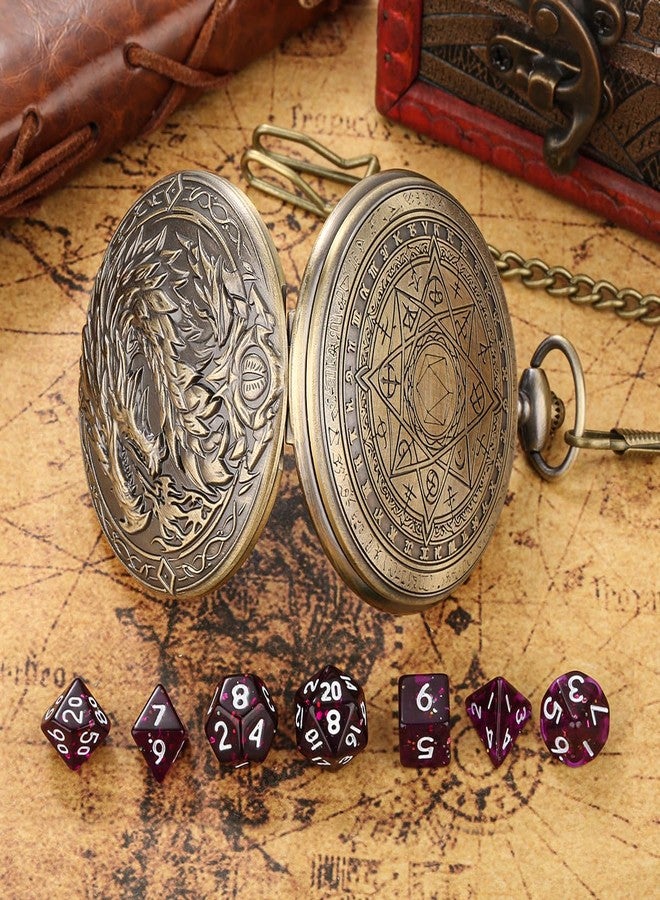 Keller & Weber Mini DND Dice Set with Steampunk Dragon Large Pocket Watch Shell Case, 7-Piece Polyhedral Acrylic D&D Dice, DND Gift Bag with Dragon Logo, Role Play Board Game Accessories, Bronze + Purple - Image 5
