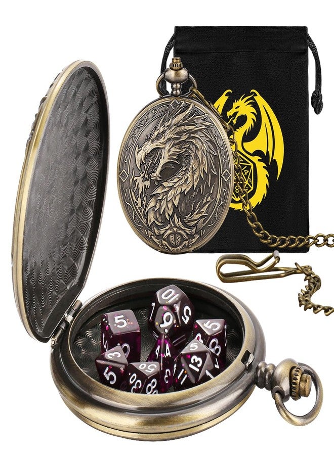 Keller & Weber Mini DND Dice Set with Steampunk Dragon Large Pocket Watch Shell Case, 7-Piece Polyhedral Acrylic D&D Dice, DND Gift Bag with Dragon Logo, Role Play Board Game Accessories, Bronze + Purple - Image 2