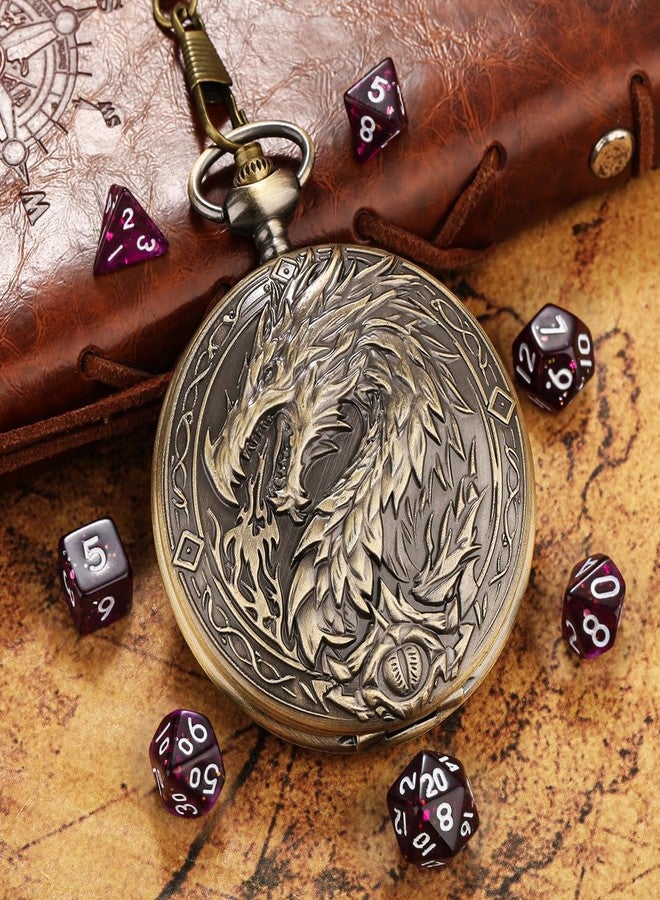 Keller & Weber Mini DND Dice Set with Steampunk Dragon Large Pocket Watch Shell Case, 7-Piece Polyhedral Acrylic D&D Dice, DND Gift Bag with Dragon Logo, Role Play Board Game Accessories, Bronze + Purple - Image 3