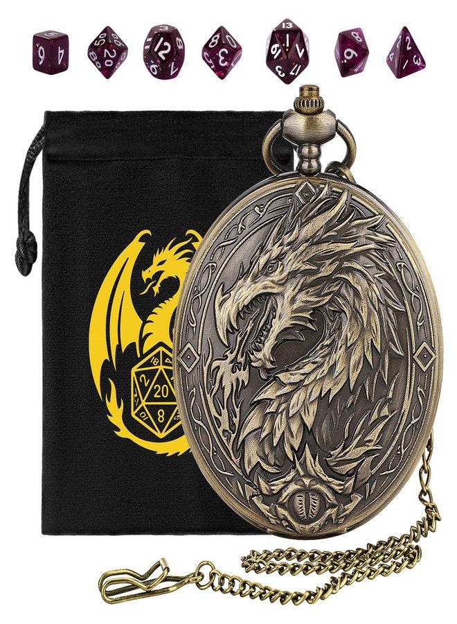 Keller & Weber Mini DND Dice Set with Steampunk Dragon Large Pocket Watch Shell Case, 7-Piece Polyhedral Acrylic D&D Dice, DND Gift Bag with Dragon Logo, Role Play Board Game Accessories, Bronze + Purple - Image 1