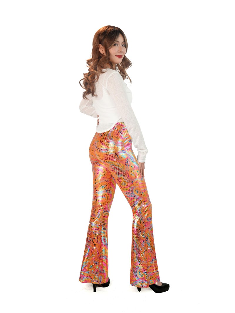 Nawgut Sequin Flare Pants Sparkly Glitter High Waisted Bell Bottoms Leggings Party Disco Clubwear for Women-Small Orange - Image 2