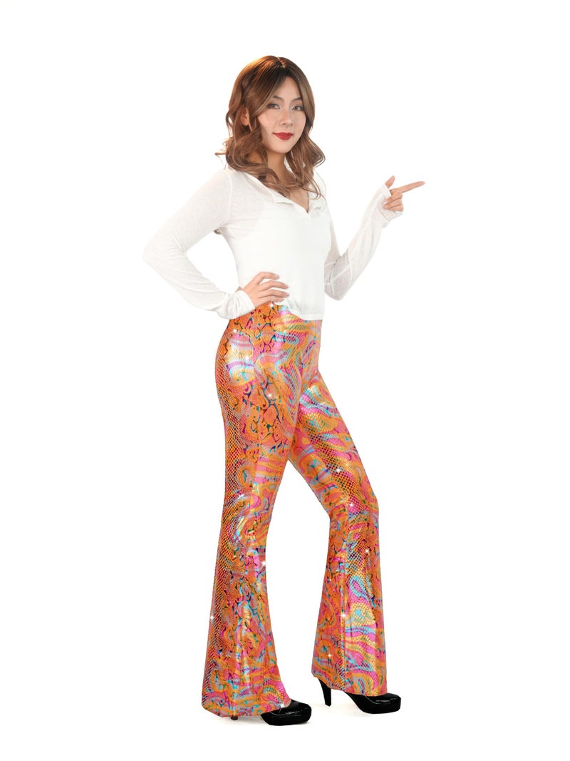Nawgut Sequin Flare Pants Sparkly Glitter High Waisted Bell Bottoms Leggings Party Disco Clubwear for Women-Small Orange - Image 4