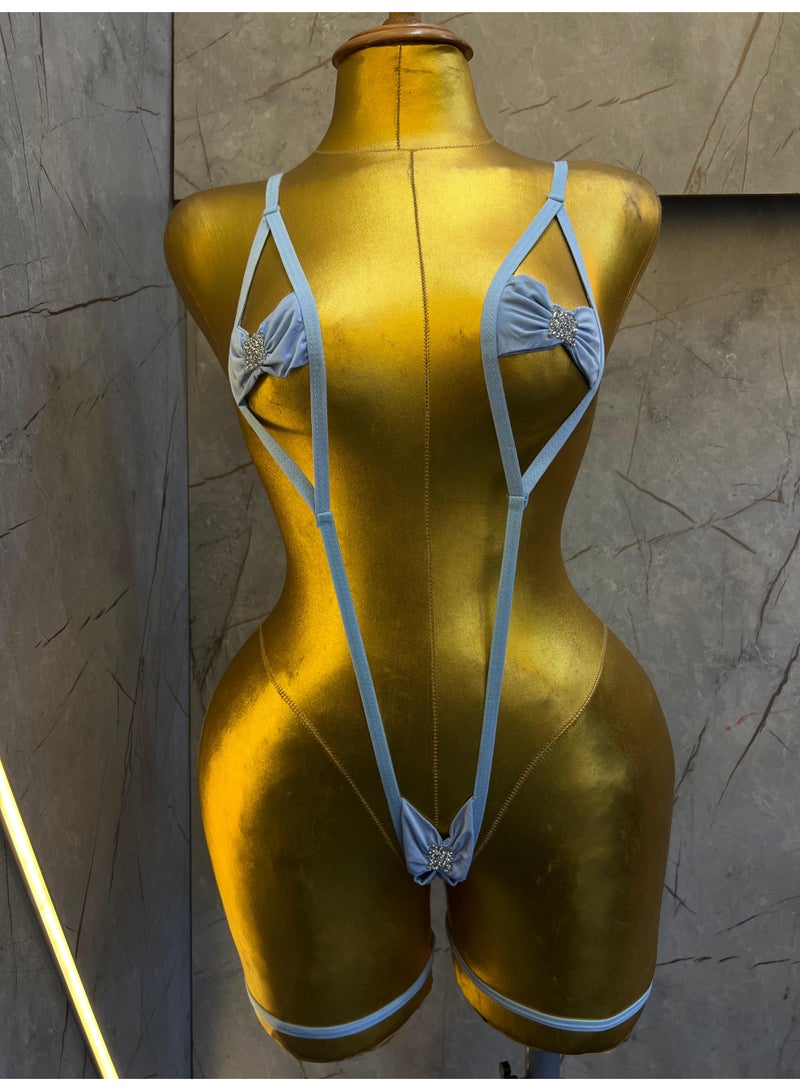 Viga Light Blue Bow Accent Strappy Lingerie Set - Image 2