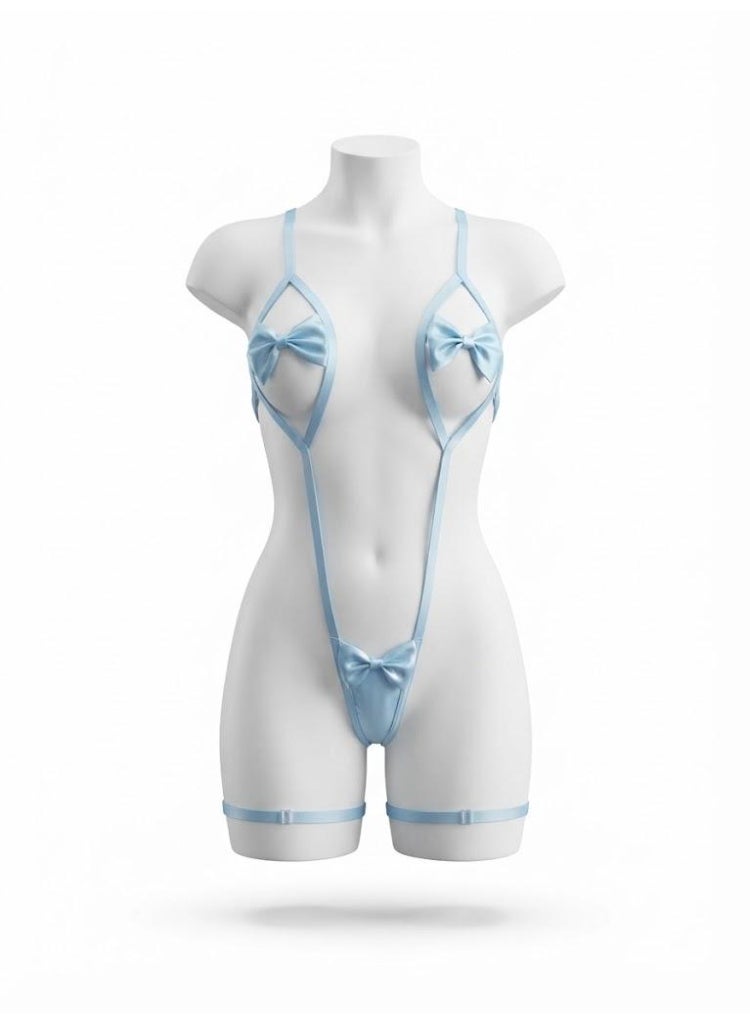 Viga Light Blue Bow Accent Strappy Lingerie Set - Image 1