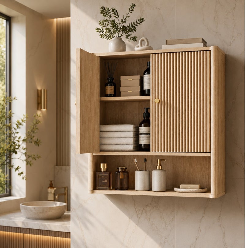 Yanara Modern Wooden Bathroom Wall Cabinet with Two Grooved Doors - Wall Mounted Storage Organizer with Internal Shelves and Lower Open Shelf, Space Saving Design for Washroom & Living Room - Image 1