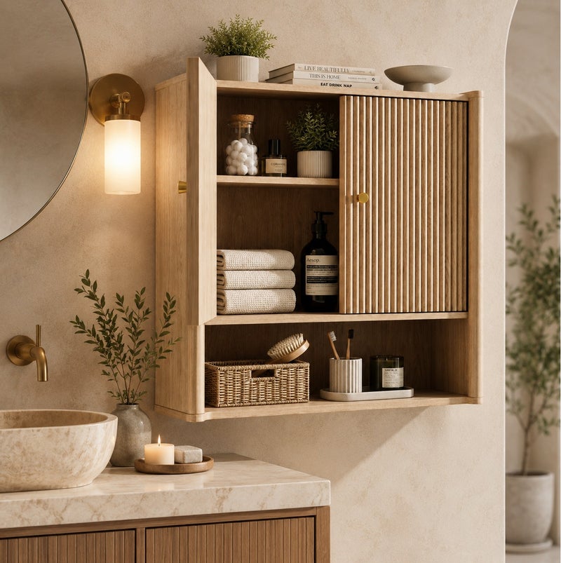 Yanara Modern Wooden Bathroom Wall Cabinet with Two Grooved Doors - Wall Mounted Storage Organizer with Internal Shelves and Lower Open Shelf, Space Saving Design for Washroom & Living Room - Image 2