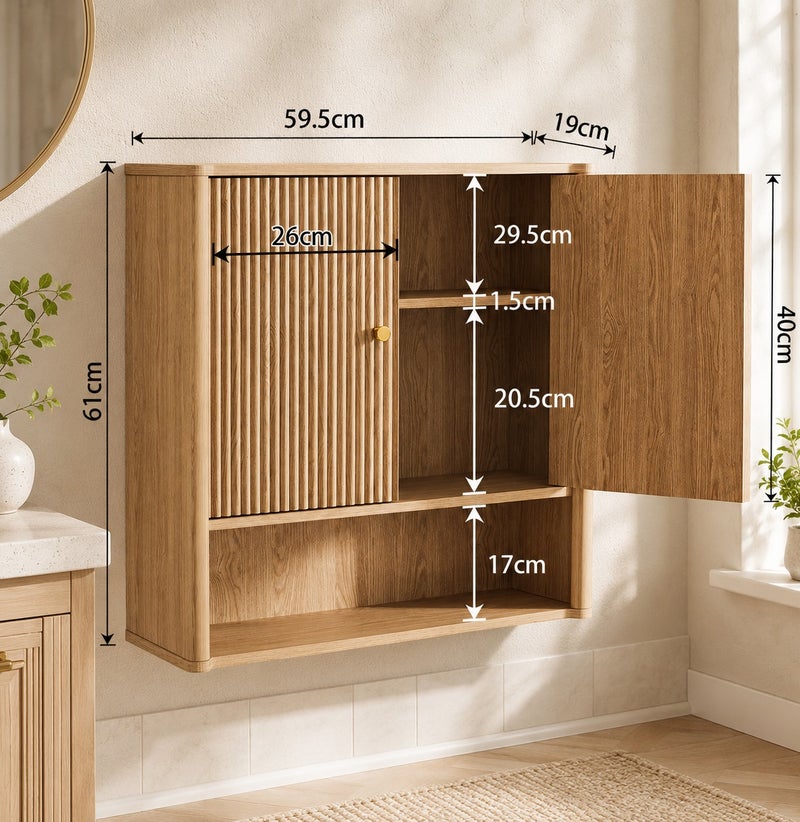 Yanara Modern Wooden Bathroom Wall Cabinet with Two Grooved Doors - Wall Mounted Storage Organizer with Internal Shelves and Lower Open Shelf, Space Saving Design for Washroom & Living Room - Image 3