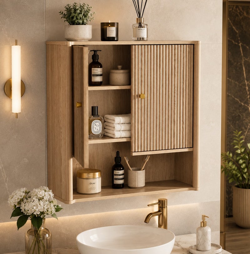 Yanara Modern Wooden Bathroom Wall Cabinet with Two Grooved Doors - Wall Mounted Storage Organizer with Internal Shelves and Lower Open Shelf, Space Saving Design for Washroom & Living Room - Image 5