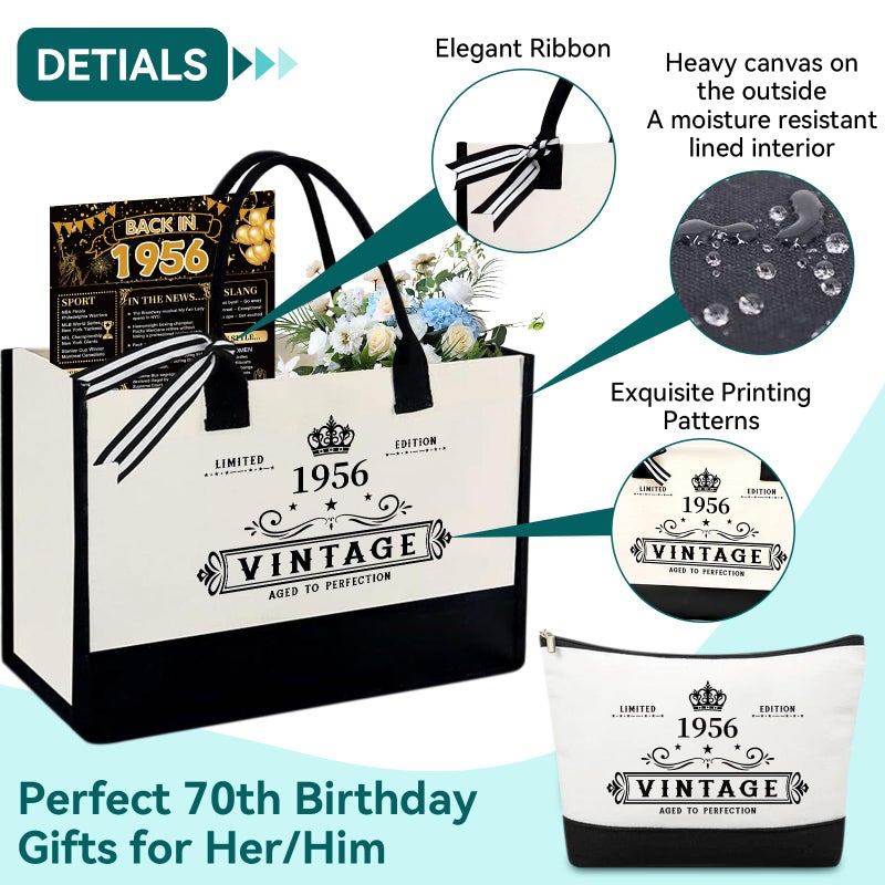 TrophyToast 70th Birthday Gifts for Women Her- 4 pcs, Turning 70 Year Old Gifts, Decorations Canvas Beach Tote Bag & Makeup Bag, Unique Happy 70th Present for Her Mom Wife Friends - Image 3
