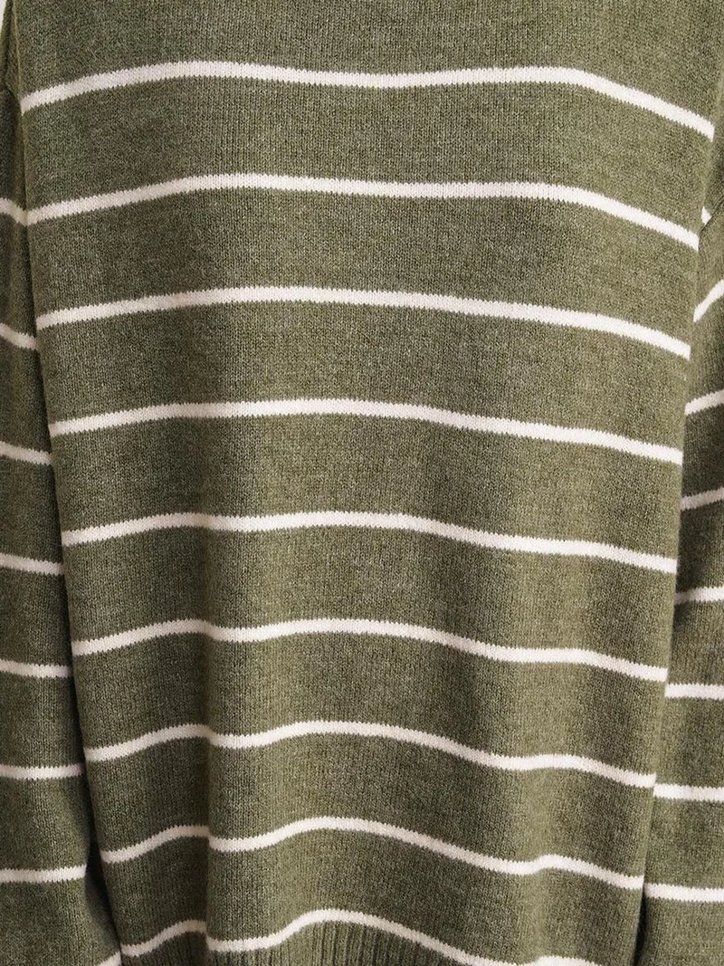 Mixray Khaki Green Striped Crew Neck Relaxed Knit Pullover Sweater for Women | Best Price UAE