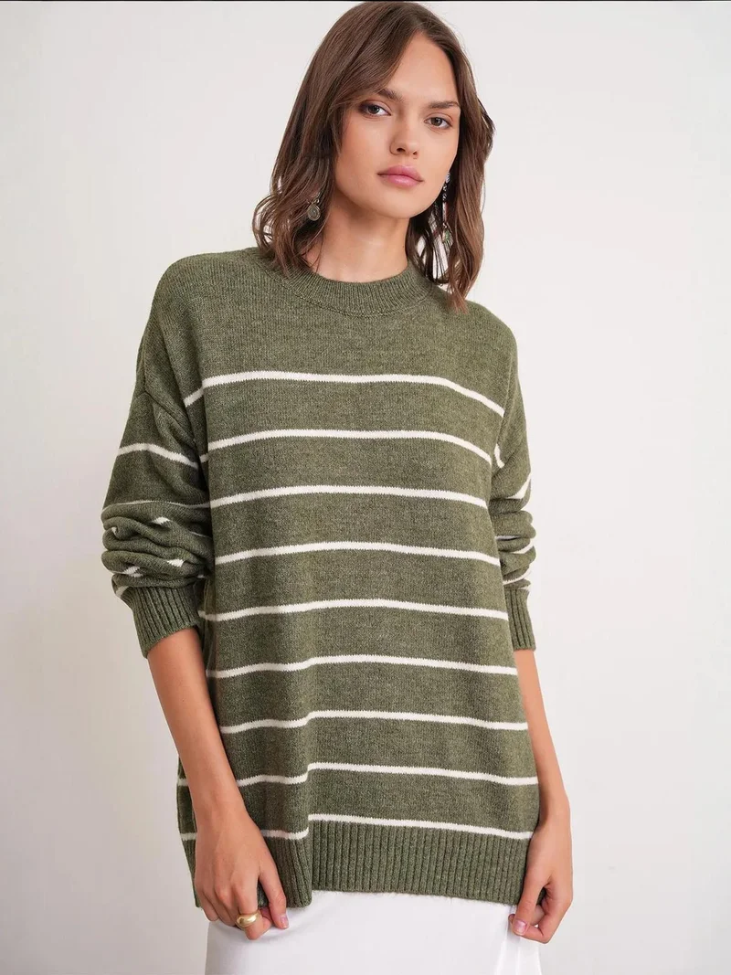 Mixray Khaki Green Striped Crew Neck Relaxed Knit Pullover Sweater for Women | Best Price UAE