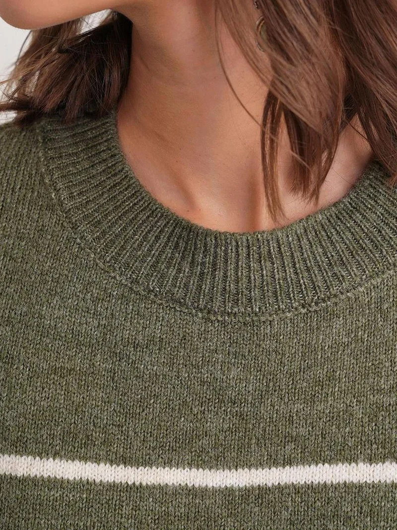 Mixray Khaki Green Striped Crew Neck Relaxed Knit Pullover Sweater for Women | Best Price UAE