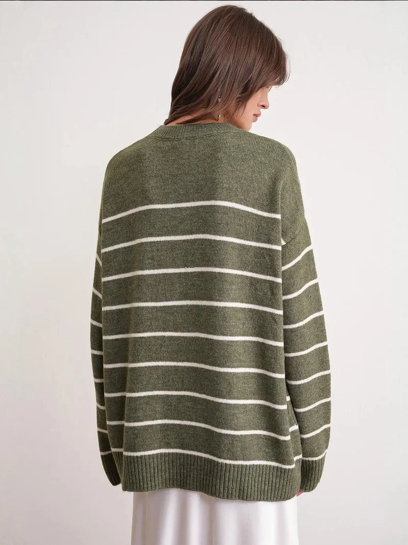 Mixray Khaki Green Striped Crew Neck Relaxed Knit Pullover Sweater for Women | Best Price UAE