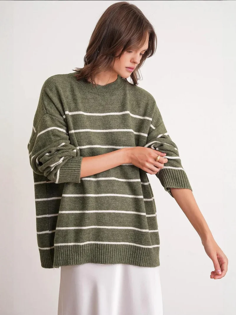 Mixray Khaki Green Striped Crew Neck Relaxed Knit Pullover Sweater for Women | Best Price UAE