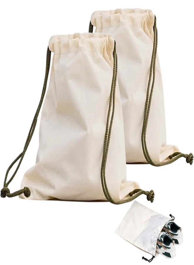 Canvas Shoe Bags for Travel, 2 Pcs Drawstring Shoe Storage Pouches, Dust Proof Washable Shoe Organizers (17.7x13.8in, Beige) - Image 1
