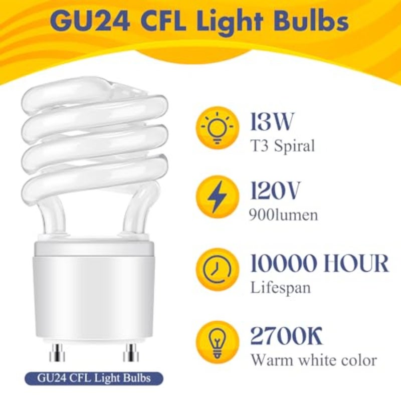 2 Pcs 13w Gu24 Cfl LED Light Bulb 2700k Warm White Fluorescent Light Bulb Energy Efficient 900lm T3 Spiral Twist Bulbs for Kitchen Living Room Bedroom Office Corridor Art Gallery Hotels Museum - Image 2
