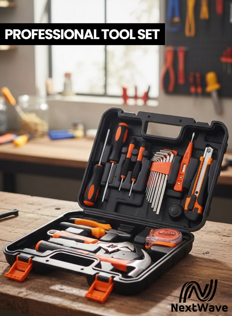 الموجة التالية مجموعة أدوات احترافية من 19 قطعة مع صندوق أدوات، مجموعة أدوات يدوية محمولة للضروريات المنزلية، مجموعة أدوات للاستخدام المنزلي، صندوق أدوات للاستخدام المنزلي والاحترافي، برتقالي/أسود - Image 1