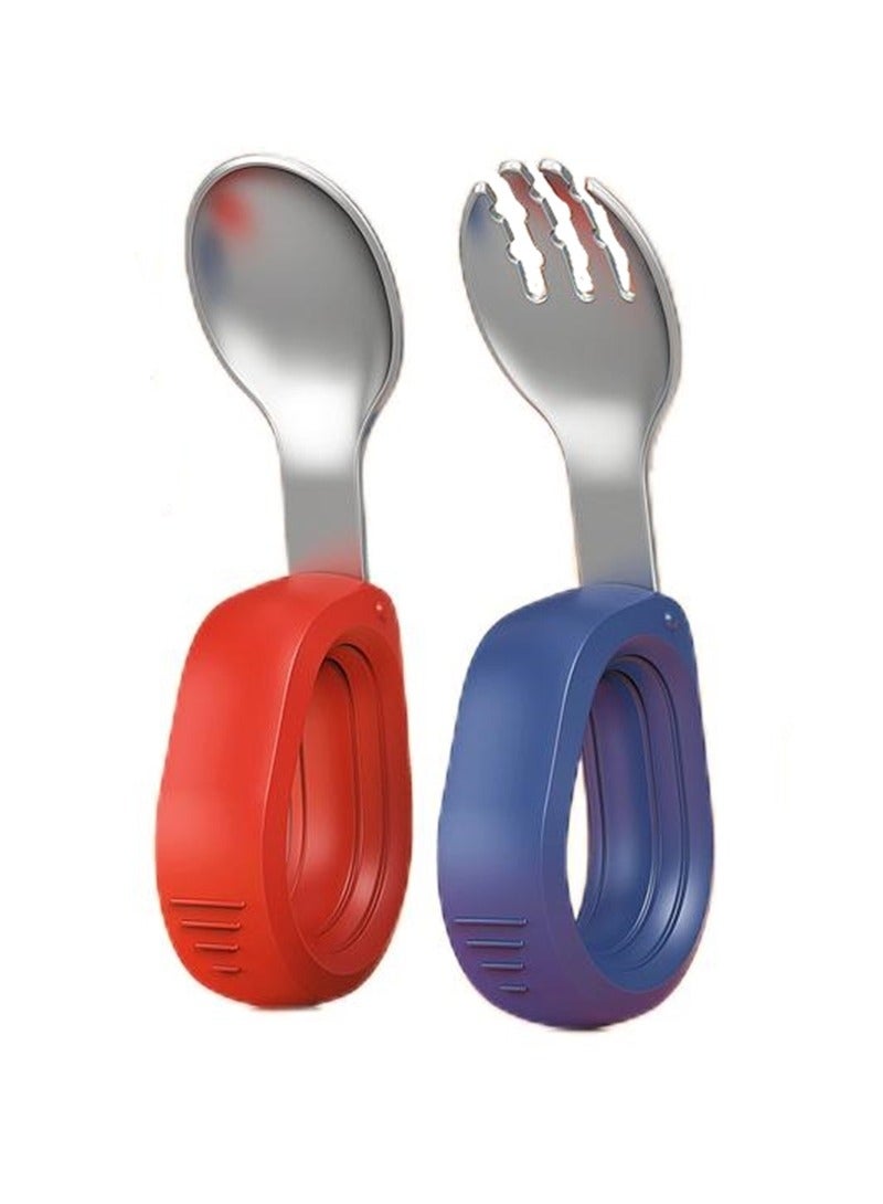 2pcs Baby stainless steel round handle fork and spoon set training food spoon silicone short handle extended fork and spoon  - Image 1