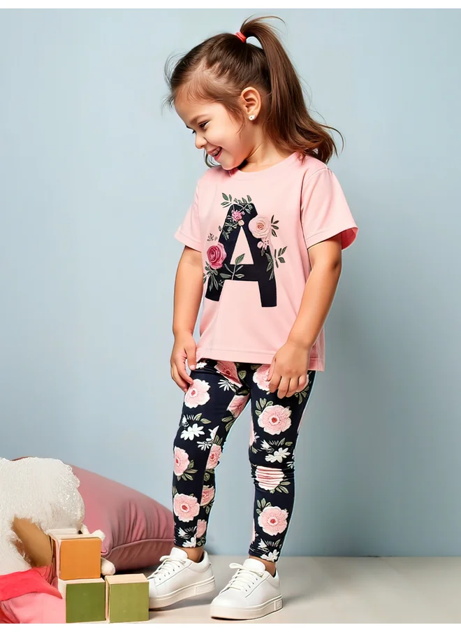 تايك تو Take Two Kids 2pcs Graphic Print Short Sleeve T-Shirt and Flora Print Leggings