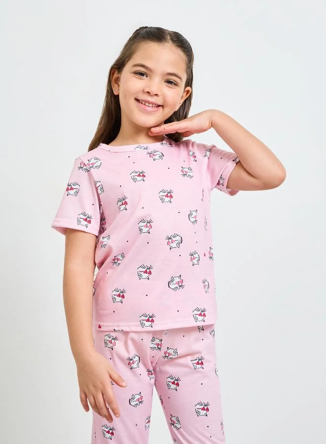 Styli Girls Pink Graphic print T-Shirt and Pants Pyjama Set