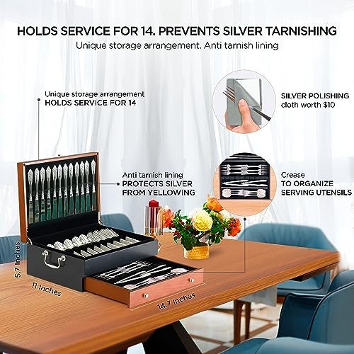 boldworks Silverware Storage Box Silverware Chest Case for Silver Flatware with Lid Tarnish Proof Felt Lined Partition and Drawer Holds Service for 14 Includes Polishing Cloth - Image 2