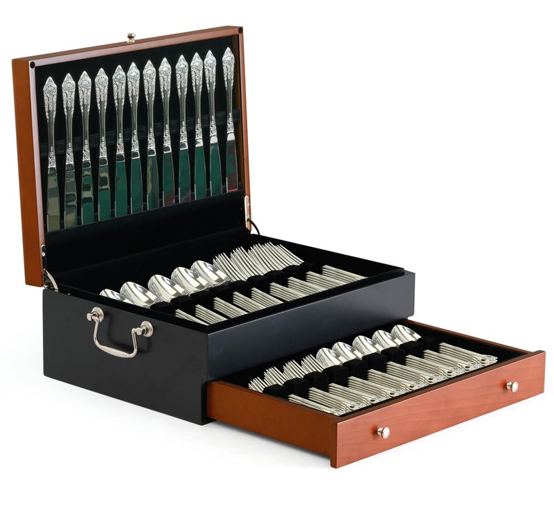 boldworks Silverware Storage Box Silverware Chest Case for Silver Flatware with Lid Tarnish Proof Felt Lined Partition and Drawer Holds Service for 14 Includes Polishing Cloth - Image 1