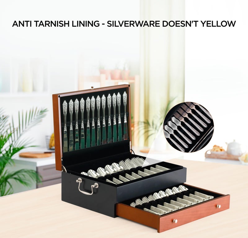 boldworks Silverware Storage Box Silverware Chest Case for Silver Flatware with Lid Tarnish Proof Felt Lined Partition and Drawer Holds Service for 14 Includes Polishing Cloth - Image 3
