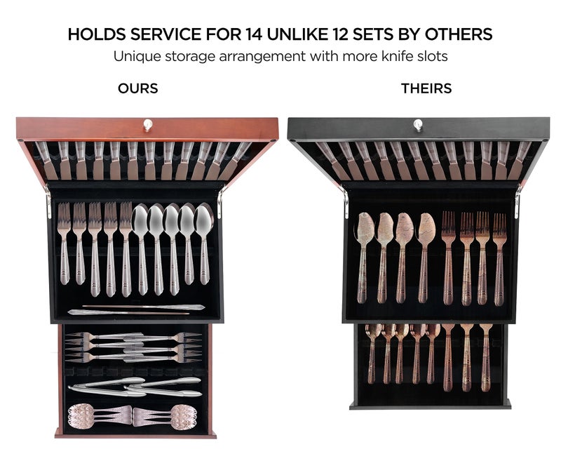 boldworks Silverware Storage Box Silverware Chest Case for Silver Flatware with Lid Tarnish Proof Felt Lined Partition and Drawer Holds Service for 14 Includes Polishing Cloth - Image 4
