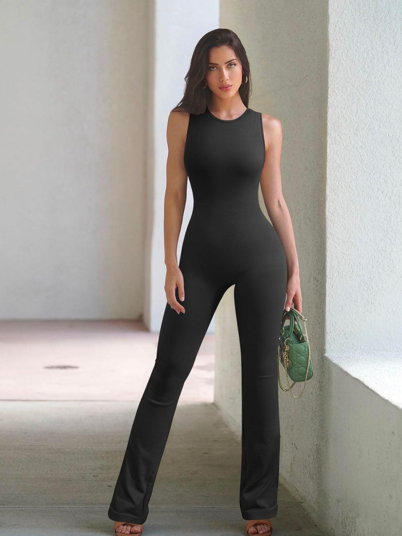 OQQ Women Yoga Jumpsuits Ribbed Crew Neck Sleeveless Bell Bottoms Flare Jumpsuits Black - Image 5