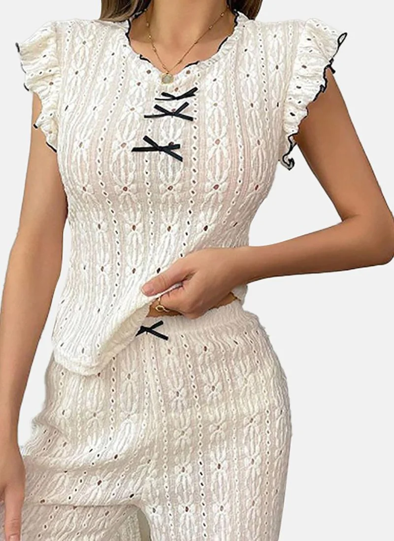 YUNIQEE Off White Self Design Pyjamas & Top