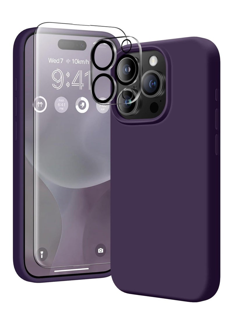 Captaintech iPhone 15 Pro Case Silicone with 1X Camera Protector+ 1X Screen Protector Compatible with iPhone 15 Pro Cover Liquid Soft Silicone Inside Microfiber Lining Slim Thin Protective Case Cover - Image 1