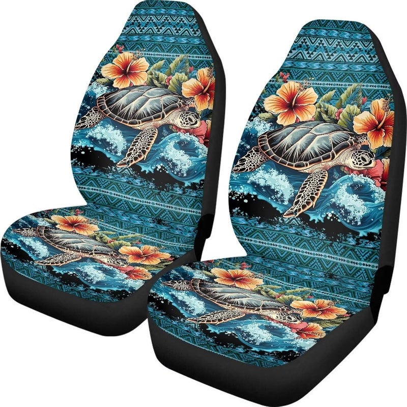 TOADDMOS Hawaii Hibiscus Turtle Car Seat Cover Front Seats Only,Aztec Premium Polyester Seat Covers Anti-Slip Saddle Blanket Cushion Cover for Cars Trucks and SUVs - Image 1