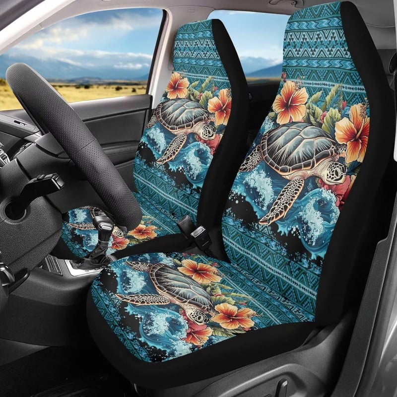TOADDMOS Hawaii Hibiscus Turtle Car Seat Cover Front Seats Only,Aztec Premium Polyester Seat Covers Anti-Slip Saddle Blanket Cushion Cover for Cars Trucks and SUVs - Image 2
