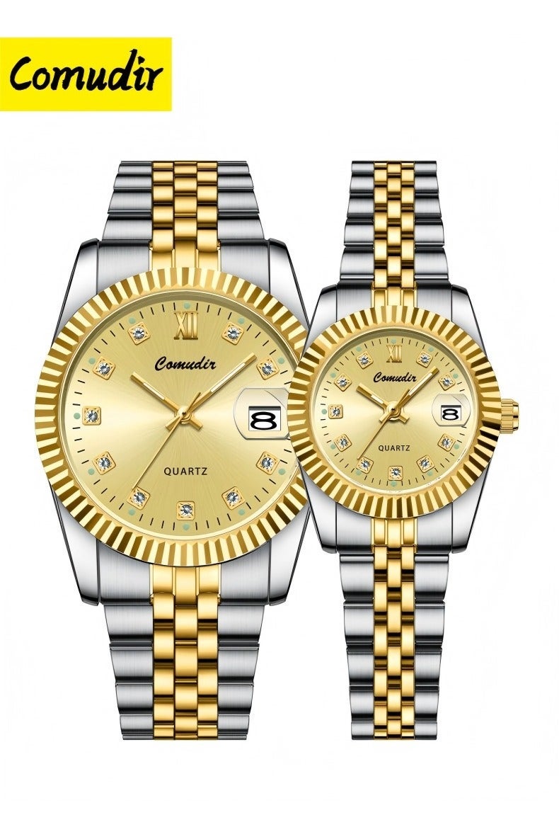 كومودير Shandong Lianxiang Machinery Co., Ltd. الفولاذ المقاوم للصدأ حزام زوجين كوارتز ووتش مجموعة,عرض التناظرية جولة الطلب مع أحجار الراين الديكور,فاخر مضيئة للماء التقويم ووتش هدية للرجال والنساء - Image 1