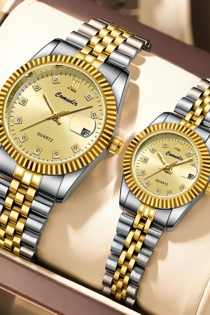 كومودير Shandong Lianxiang Machinery Co., Ltd. الفولاذ المقاوم للصدأ حزام زوجين كوارتز ووتش مجموعة,عرض التناظرية جولة الطلب مع أحجار الراين الديكور,فاخر مضيئة للماء التقويم ووتش هدية للرجال والنساء - Image 4