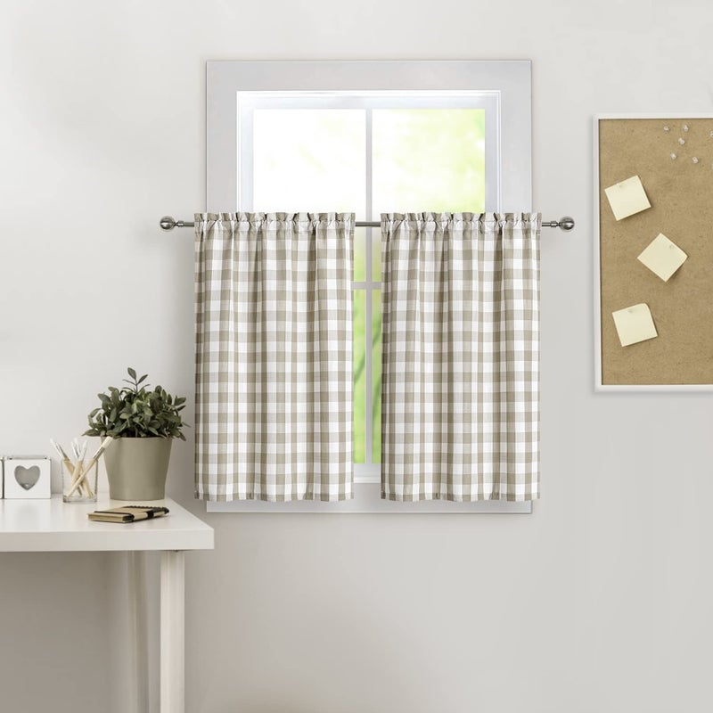 amzdecor الكتان بافالو فحص ستائر الطبقة للمطبخ الوطني بوفالو بامنغام بوكس ​​رود كافيه ستارة الحمام الستار المطبخ القصير مجموعات 28 "W × 36" L Linen/White مجموعة 2 من 2 - Image 1