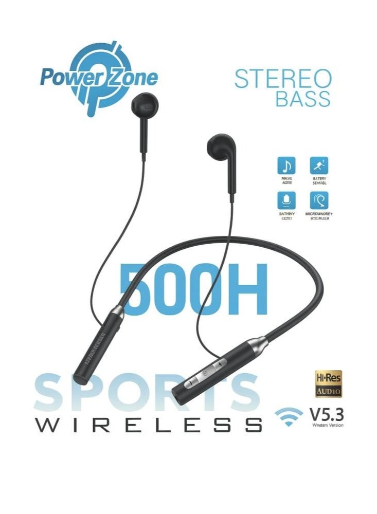 سماعات الأذن اللاسلكية الرياضية PowerZone 500H بتقنية صوت ستيريو عالي الدقة، ونظام صوت جهوري قوي، وبطارية تدوم طويلاً، وتقنية بلوتوث 5.3، وتصميم رياضي مريح.