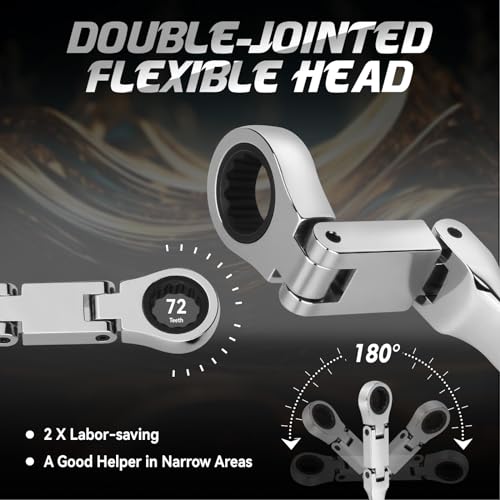 DISEN Ratcheting Wrench Set 25pcs, Flex Head Ratchet Wrenches Double Foldable, Metric 8-19mm and SAE 1/4'' -3/4'', 72-Teeth, Cr-V Steel,12 Point Combination Wrench set with Heavy Duty Case - Image 3