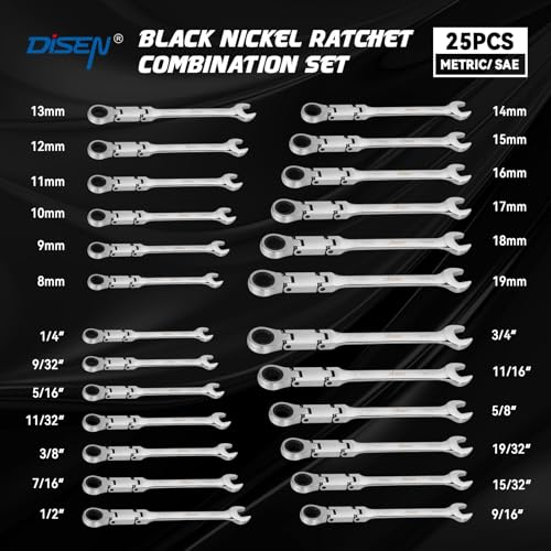 DISEN Ratcheting Wrench Set 25pcs, Flex Head Ratchet Wrenches Double Foldable, Metric 8-19mm and SAE 1/4'' -3/4'', 72-Teeth, Cr-V Steel,12 Point Combination Wrench set with Heavy Duty Case - Image 5