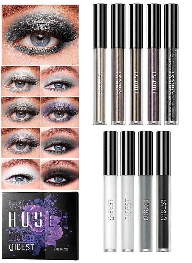 QiBest - Liquid Eyeshadow 9 Colors Set Matte Pearlescent Shimmer Glitter Eyeshadow Black Grey White Silver Smokey Eye Shadow Makeup Kit Quick Drying Waterproof Long Lasting Eye Glitter Makeup - Image 1