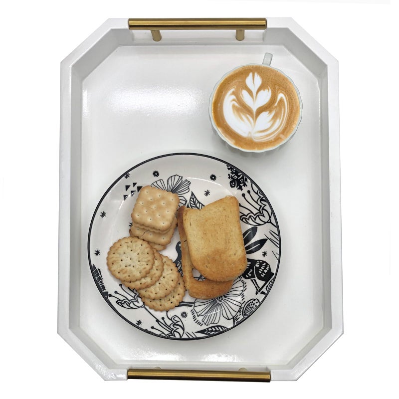 thewense Serving Tray with Polished Metal Handles, Hexagon Coffee Table Tray, Modern Rectangle Decorative Tray, Large Ottoman Tray, Perfect for Storage and Display (White Rectangle) - Image 5
