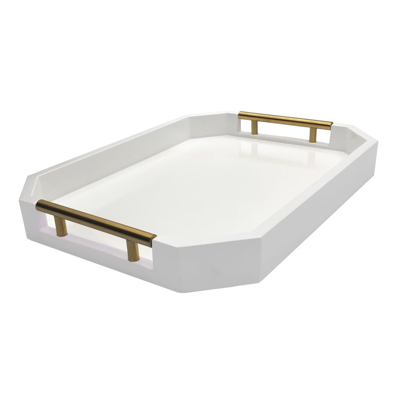 thewense Serving Tray with Polished Metal Handles, Hexagon Coffee Table Tray, Modern Rectangle Decorative Tray, Large Ottoman Tray, Perfect for Storage and Display (White Rectangle) - Image 3