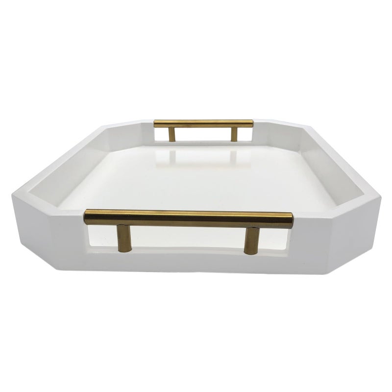 thewense Serving Tray with Polished Metal Handles, Hexagon Coffee Table Tray, Modern Rectangle Decorative Tray, Large Ottoman Tray, Perfect for Storage and Display (White Rectangle) - Image 4