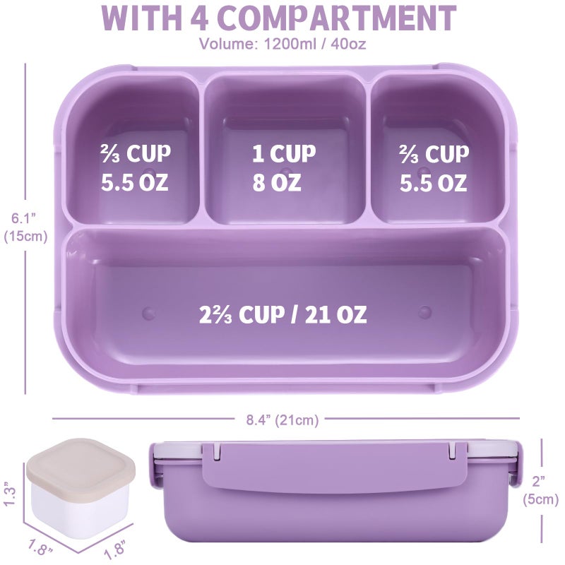 shell and turtle Bento Box Adult Lunch Box, Lunch Containers for Kids Girls Boys with 4 Compartments, Lunchable Food Container with Utensils, Sauce Jar, Muffin Liners, 40 Oz/5 Cup, Microwave Safe, Lavender - Image 2
