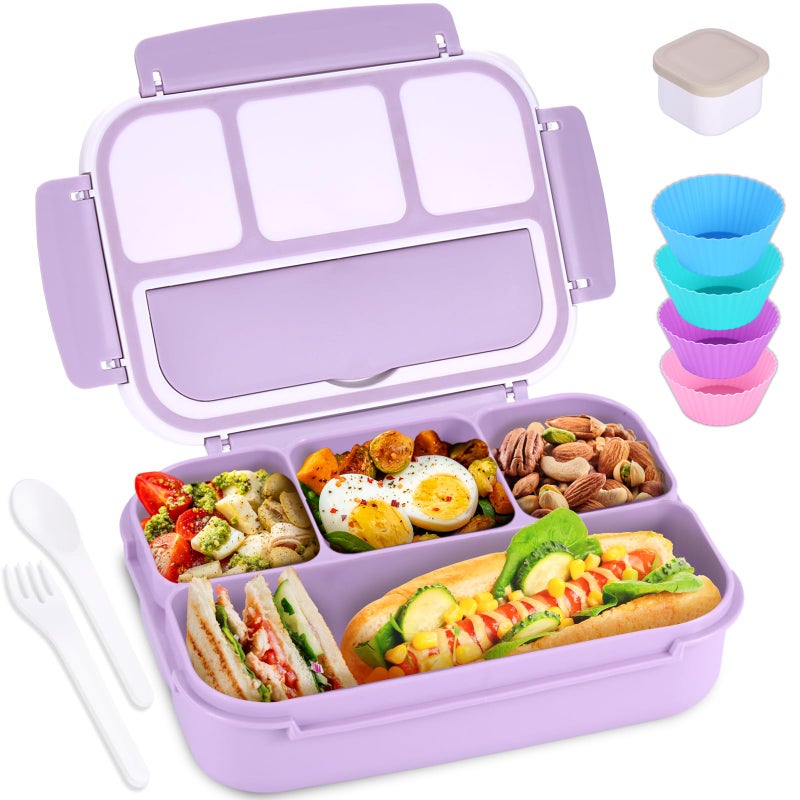 shell and turtle Bento Box Adult Lunch Box, Lunch Containers for Kids Girls Boys with 4 Compartments, Lunchable Food Container with Utensils, Sauce Jar, Muffin Liners, 40 Oz/5 Cup, Microwave Safe, Lavender - Image 1