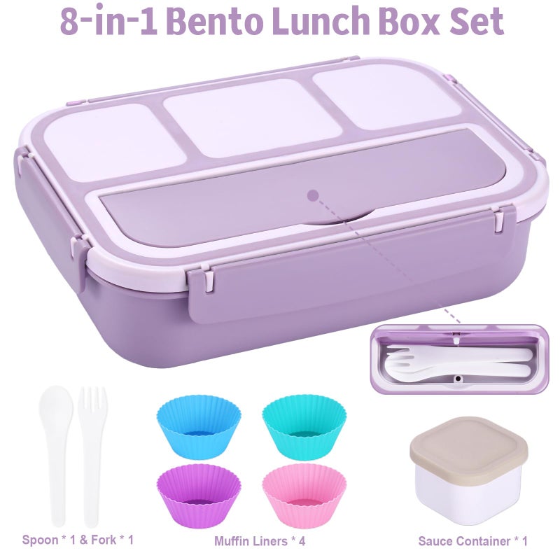 shell and turtle Bento Box Adult Lunch Box, Lunch Containers for Kids Girls Boys with 4 Compartments, Lunchable Food Container with Utensils, Sauce Jar, Muffin Liners, 40 Oz/5 Cup, Microwave Safe, Lavender - Image 5